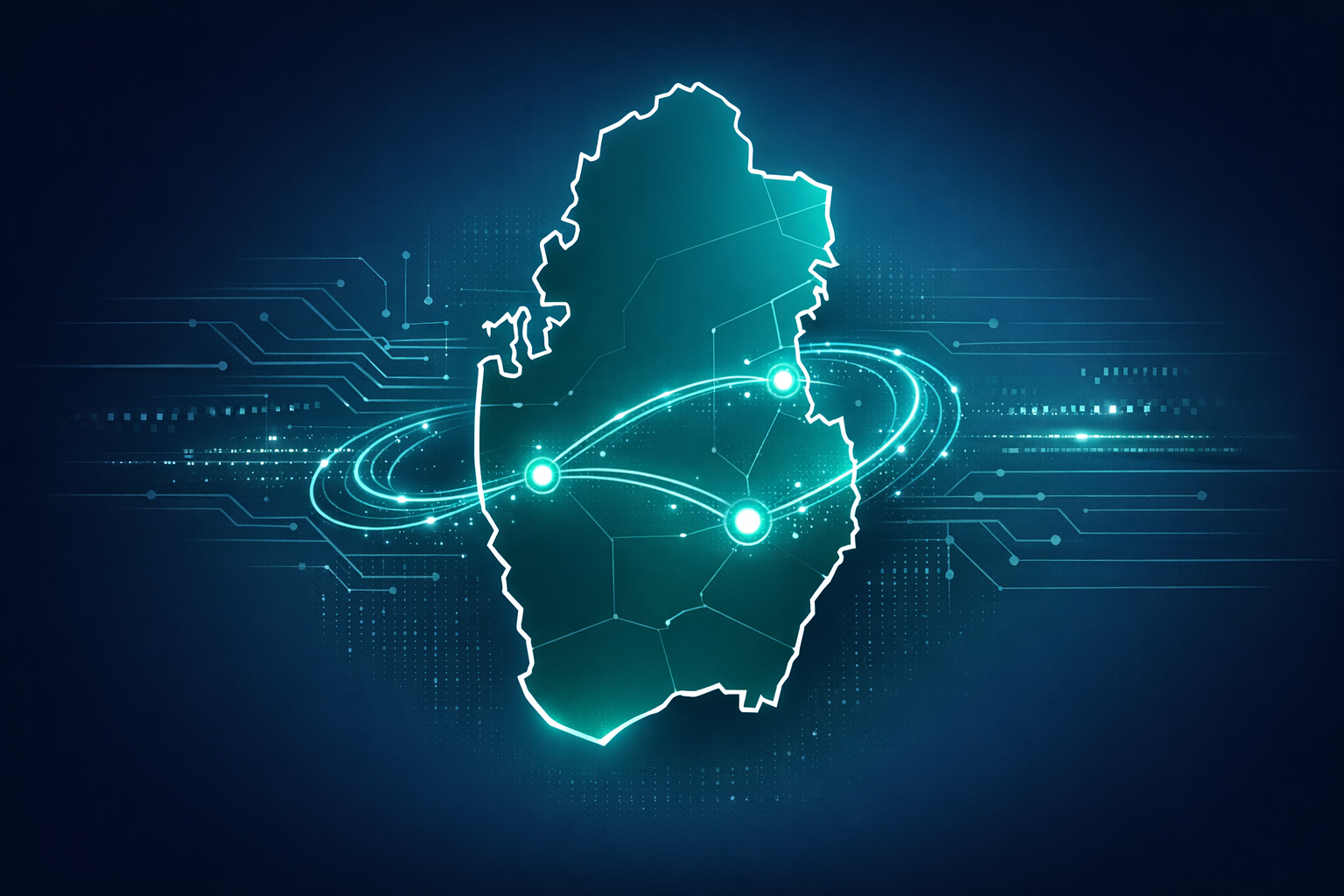 Digital network connections across Qatar map showing internet infrastructure nodes and connectivity paths
